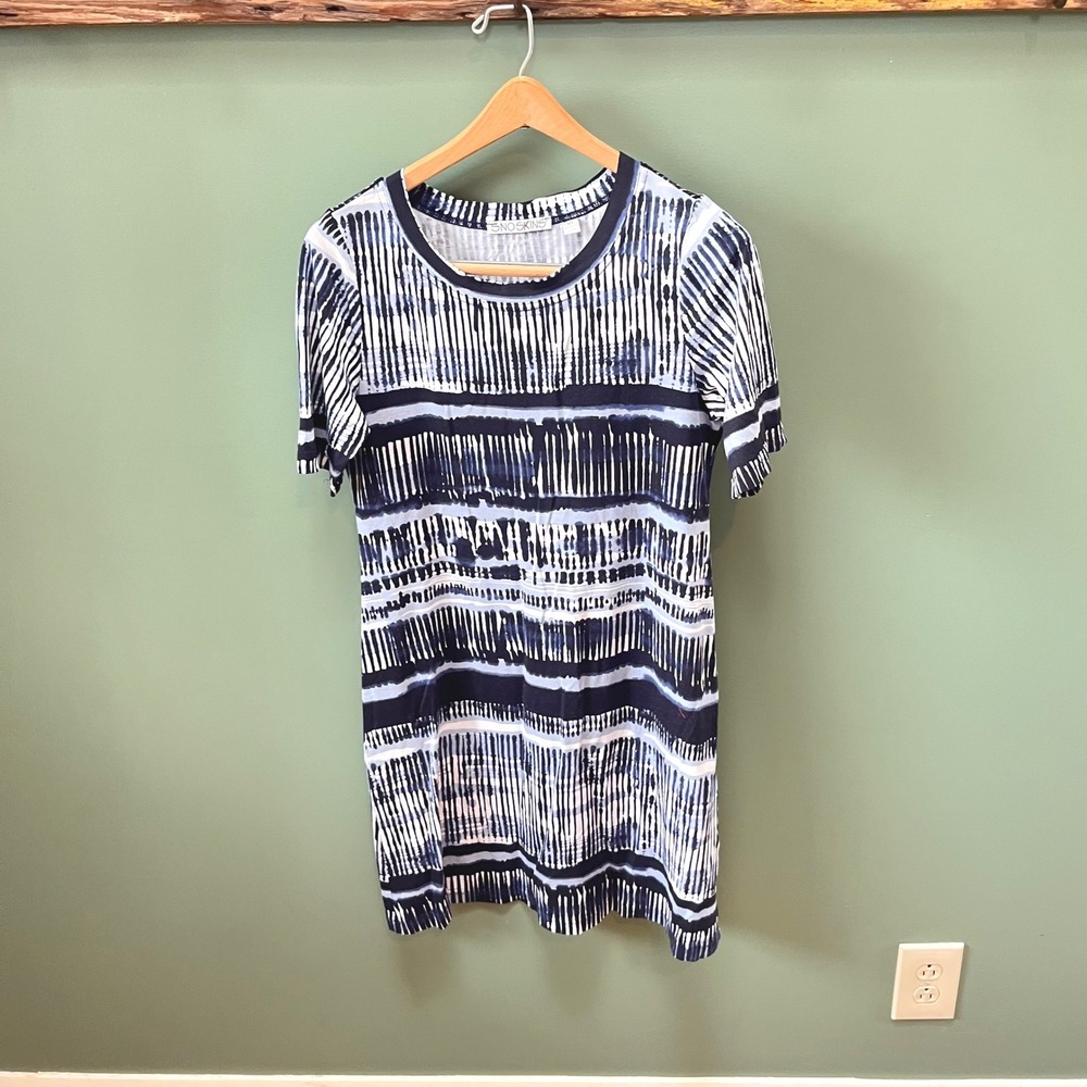 Snoskins Womens XS Blue White Abstract Stripe Short Sleeve Tunic Top Made in USA